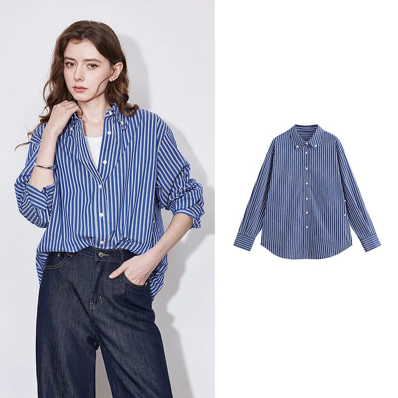 TOYOUTH Women Blouse Shirt 2025 Spring New Lyocell Long Sleeve Striped Cotton Sunscreen OL Shirt Tops