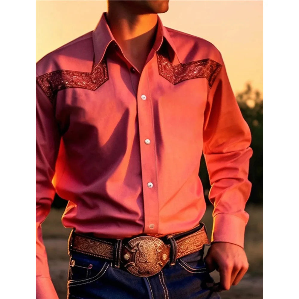 RBB Men’s Yellowstone Western Denim Shirt – Two-Tone Patchwork, Casual Long Sleeve
