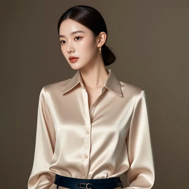 Elegant Silk Office Shirts Women Korean Fashion Y2k Clothes Slim Long Sleeve White Black Blusas Mujer Workwear Tops and Blouses