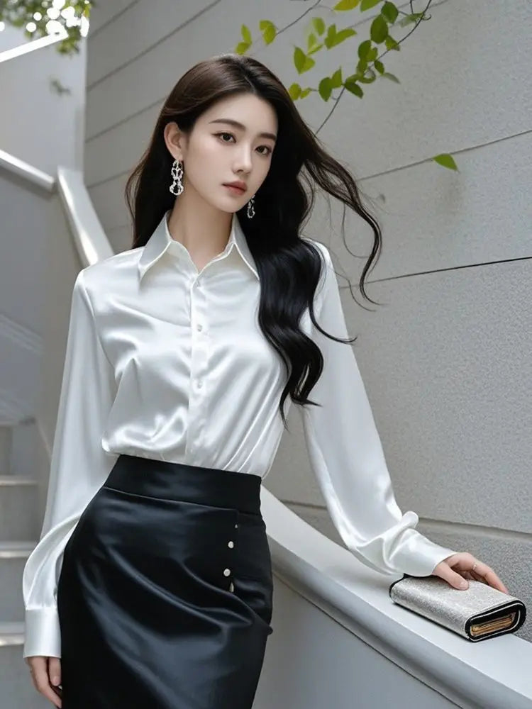 Elegant Silk Office Shirts Women Korean Fashion Y2k Clothes Slim Long Sleeve White Black Blusas Mujer Workwear Tops and Blouses