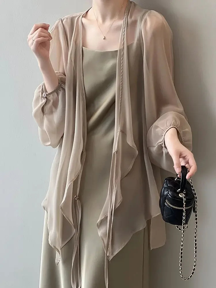 RBB Women's V-Neck Chiffon Shirt – Loose Fit Lace-Up Long Sleeve Summer Blouse