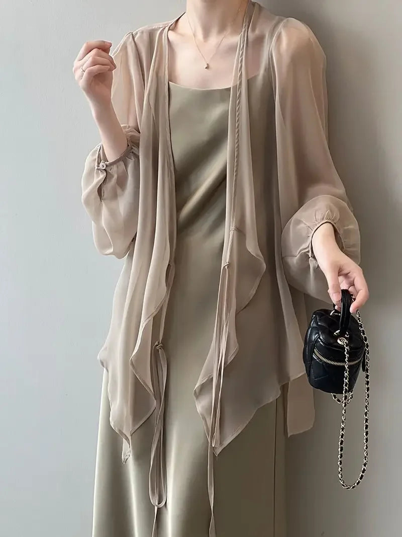 RBB Women's V-Neck Chiffon Shirt – Loose Fit Lace-Up Long Sleeve Summer Blouse