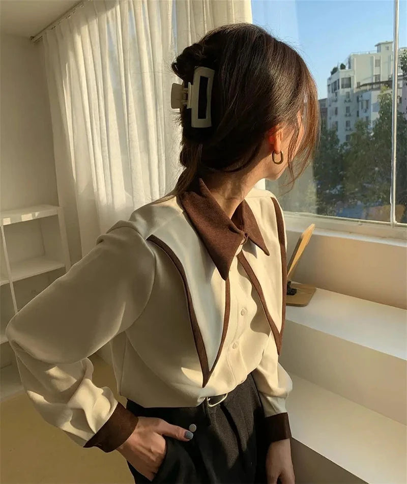 MEXZT Vintage Chiffon Shirts Women Elegant Patchwork Long Sleeve Blouses Office Lady Korean Black Turn Down Collar Casual Tops