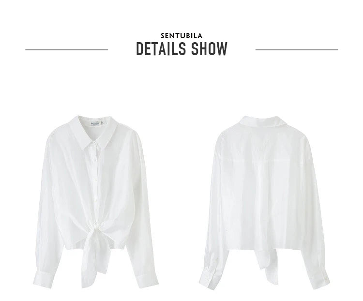 SENTUBILA Sheer Knot Shirts Women 2025 Elegant Casuals Long Drop Sleeve Button Up Shirts & Blouses Female Clothes 132C48674