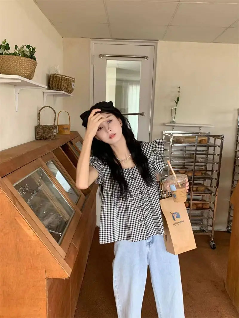 Women's Korean Style Cotton Summer Shirt - Breathable Square Neck Checkered Cute Loose Top with Small Flutter Sleeve