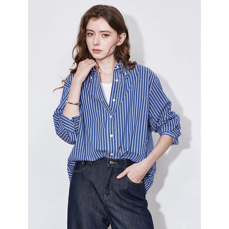 TOYOUTH Women Blouse Shirt 2025 Spring New Lyocell Long Sleeve Striped Cotton Sunscreen OL Shirt Tops