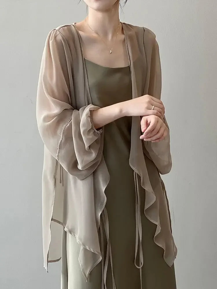 RBB Women's V-Neck Chiffon Shirt – Loose Fit Lace-Up Long Sleeve Summer Blouse