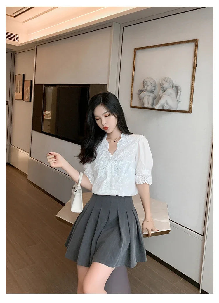 Summer Embroidery Puff Sleeve Linen Cotton Women Blouse Spring Casual White Hollow Out Tops Short Sleeve Shirt