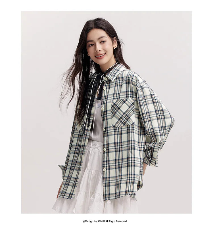 Semir Long Sleeve Shirt Women Mid-long Style Oversize Spring 2025 New Spring Checkered Top Vintage