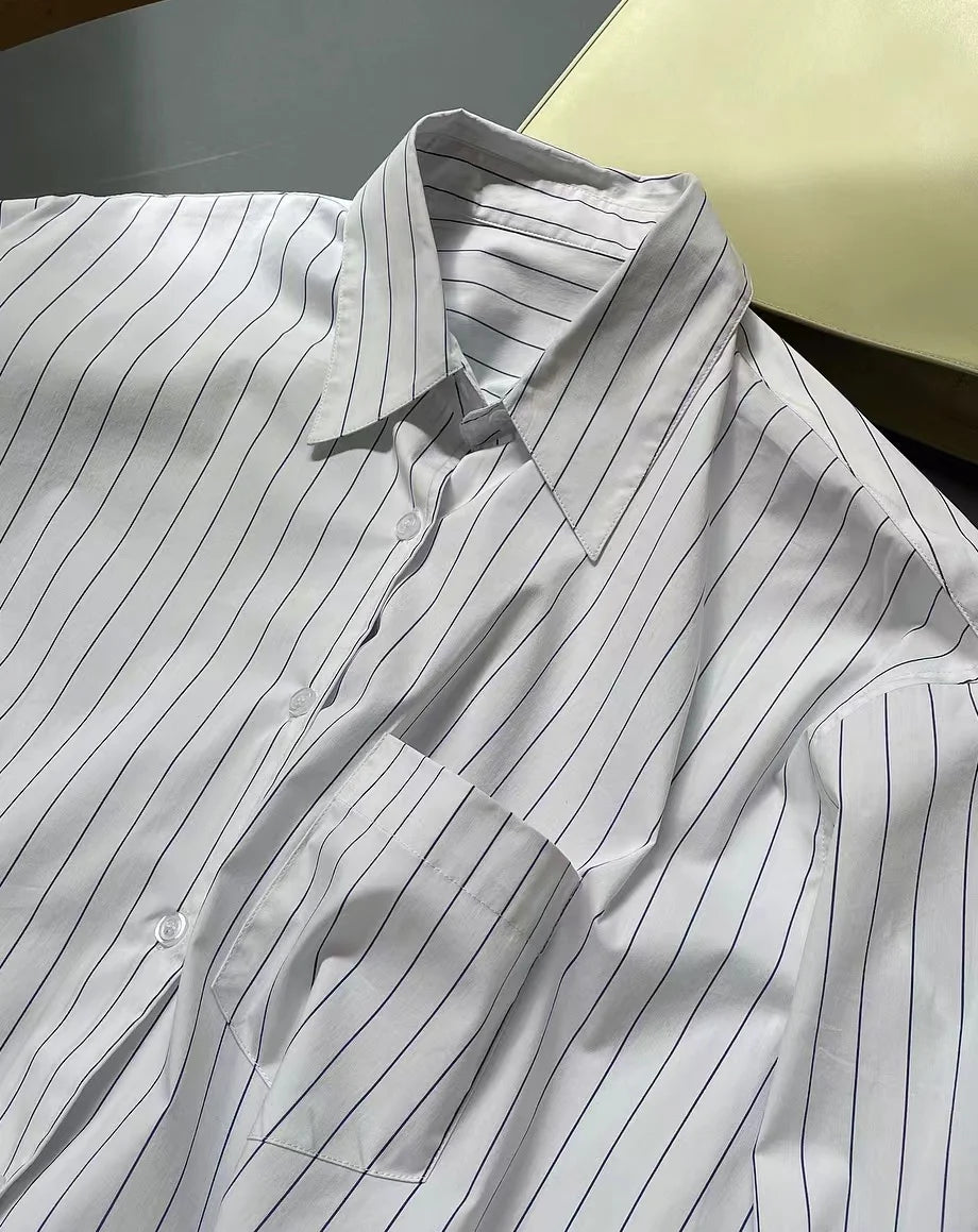 Spring/Summer Women's Striped Polo Neck Long Sleeve Pocket Decoration Loose Shirt