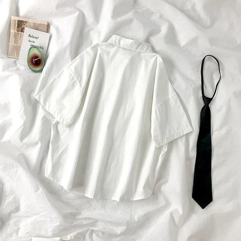 DAYIFUN 2025 White Shirt Women Blusas Short Sleeve Lapel Blouse with Tie Japanese Fashion Student Summer Daily College Style Top