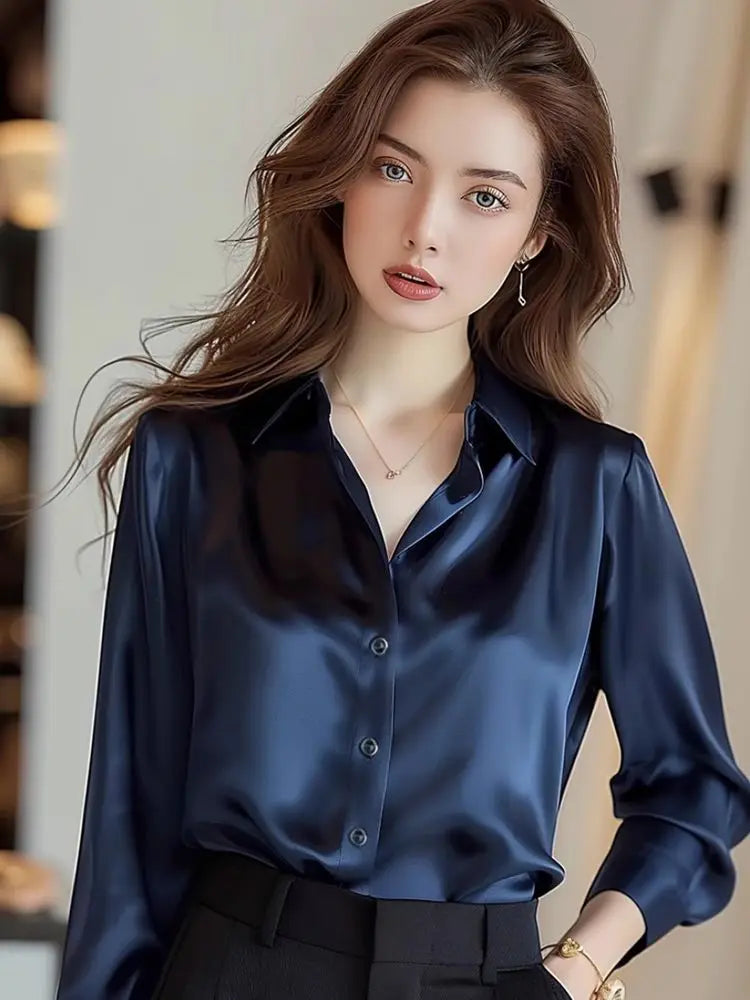 Elegant Silk Office Shirts Women Korean Fashion Y2k Clothes Slim Long Sleeve White Black Blusas Mujer Workwear Tops and Blouses
