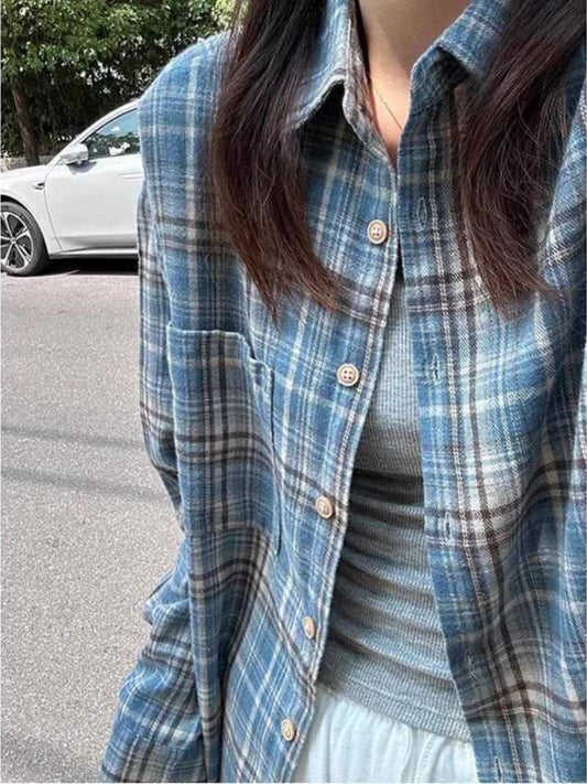 Korean Contrast Color Plaid Long Sve irt Men's Vintage Loose Lazy Sle Top Couple Casual Trend Spring Autumn