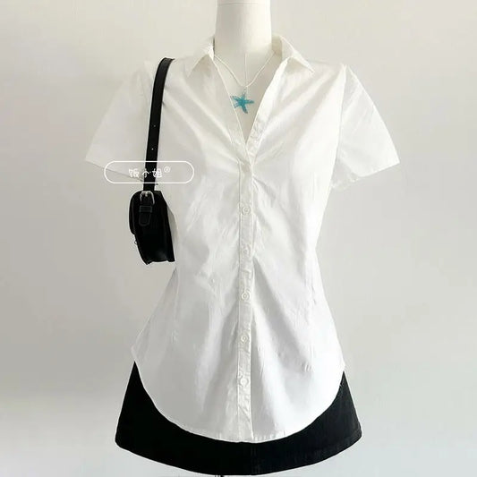 Preppy Style Fashion Turn Sown Collar V Neck Short Sleeve Blouse All Match Harajuku Simple Slim Fit Clothes Y2k Buttoms Tops
