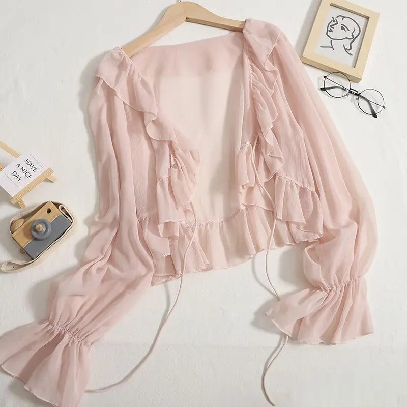 Blouses Women Lace-up Summer New Design Thin Trendy Long Sleeve Leisure Sweet Girls All-match Korean Style Tender Streetwear Ins