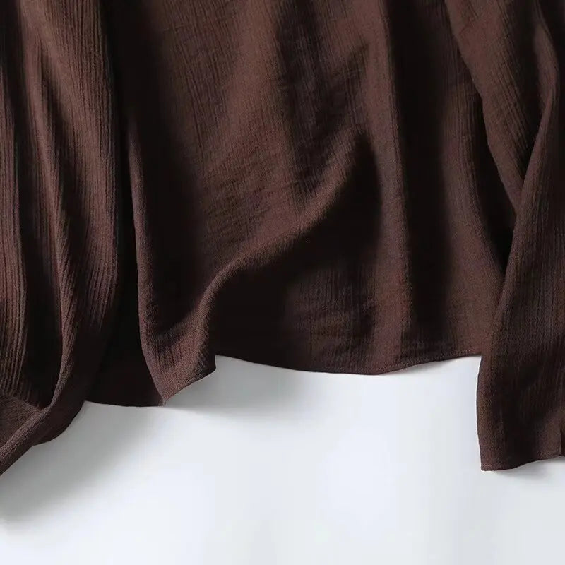 YENKYE Spring 2025 Women Brown Long Sleeve V Neck Ruffle Shirt Office Casual Blouse Blusas Mujer