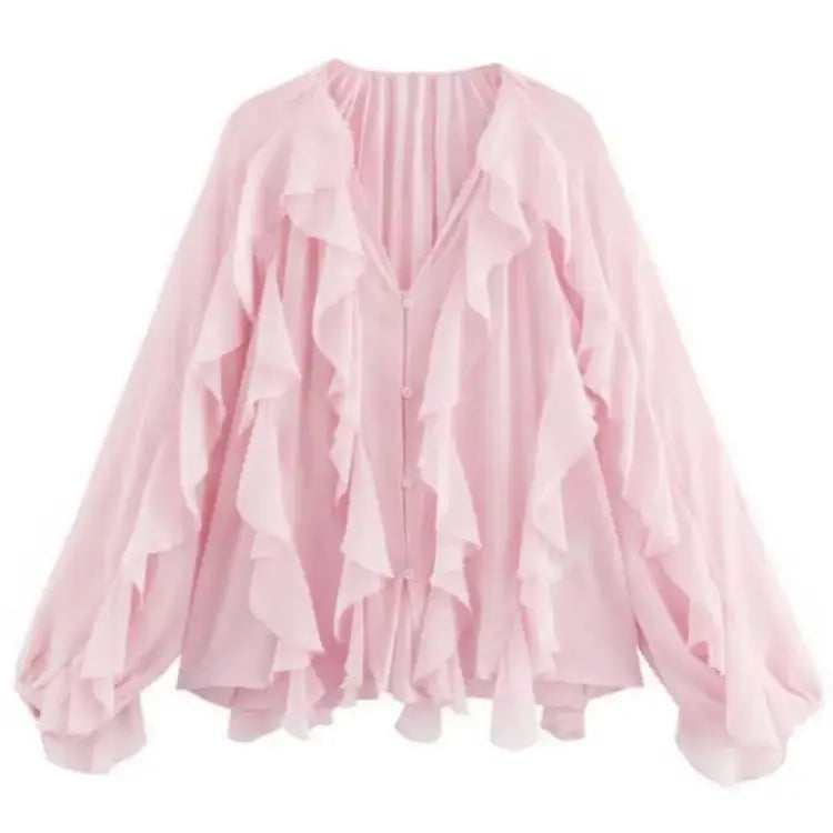 RBB Women's Summer V-Neck Ruffle Blouse – Sheer Tiered Button-Front Beach Top