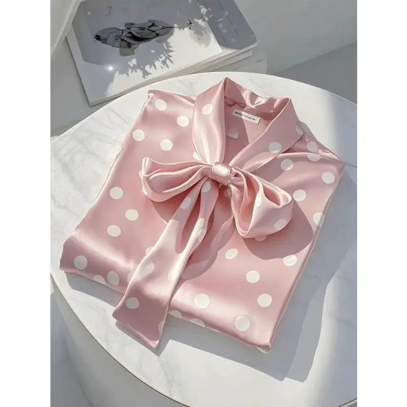 RBB Women's Satin Polka Dot Blouse – Elegant Lace-Up Bow Long Sleeve Top