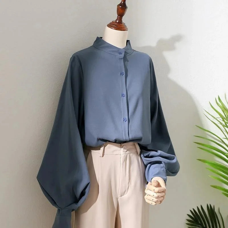 RBB Women's Lantern Sleeve Blouse – Elegant Stand Collar Loose Shirt for Spring & Autumn