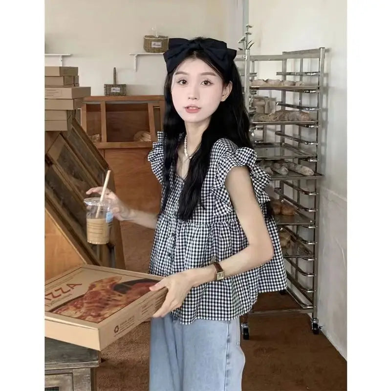 Women's Korean Style Cotton Summer Shirt - Breathable Square Neck Checkered Cute Loose Top with Small Flutter Sleeve