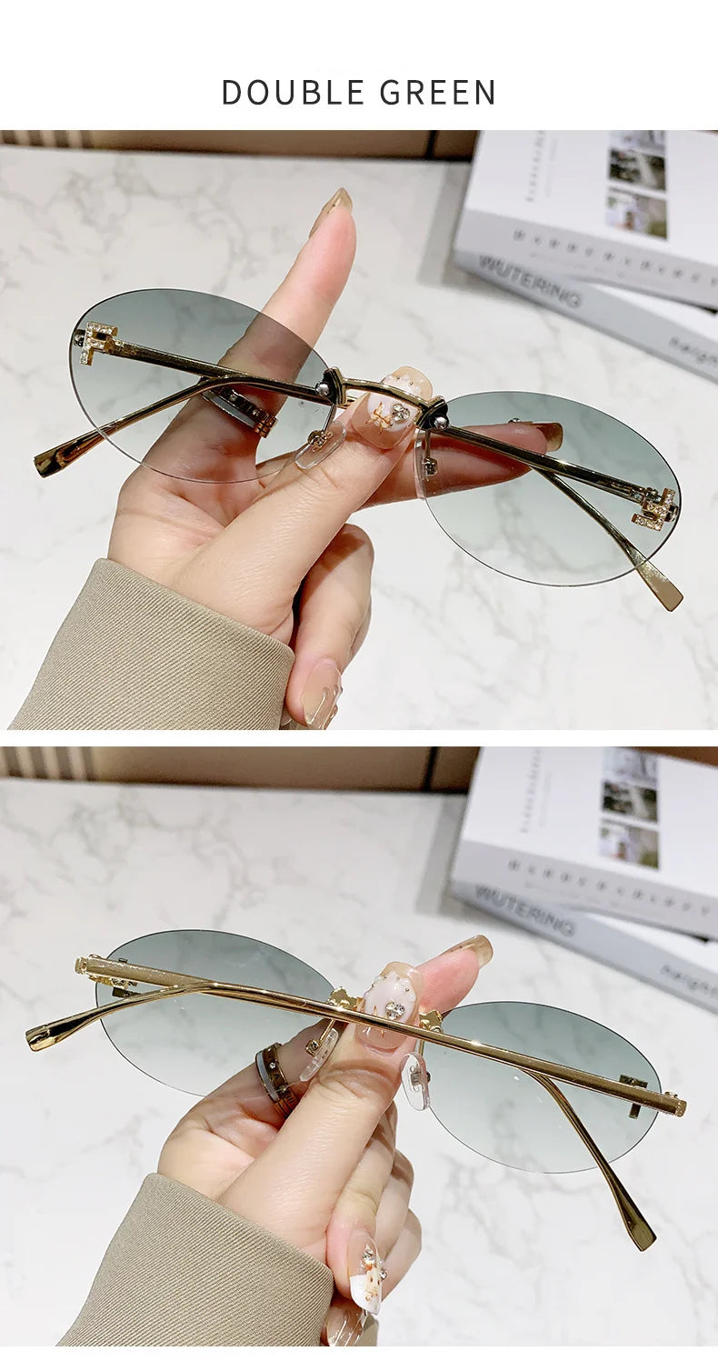 RBB Retro Oval Rimless Sunglasses – Unisex Elegant Diamond Style with Letter “F” Detailing
