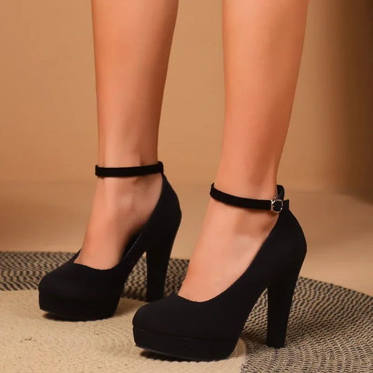 RBB Large Size 42 Sexy Super High Heels Women’s Ankle Buckle Chunky Platform Pumps — Black Flock Square Heel Party Shoes