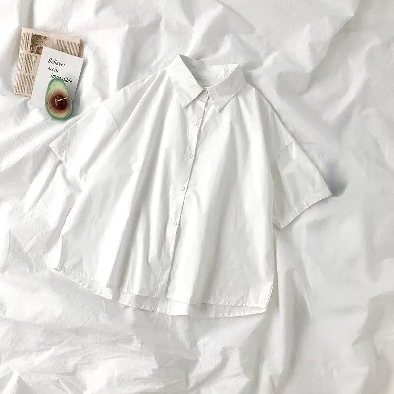 DAYIFUN 2025 White Shirt Women Blusas Short Sleeve Lapel Blouse with Tie Japanese Fashion Student Summer Daily College Style Top