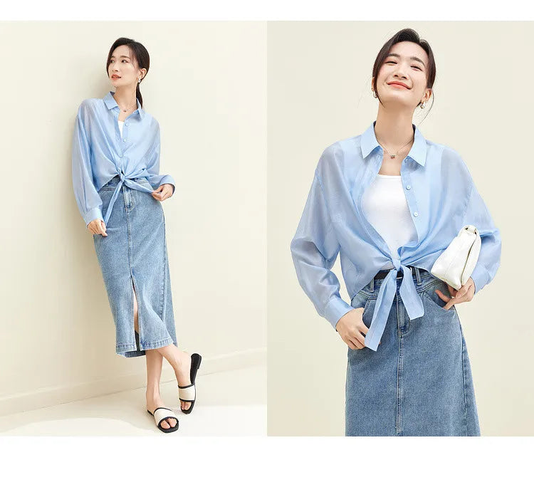 SENTUBILA Sheer Knot Shirts Women 2025 Elegant Casuals Long Drop Sleeve Button Up Shirts & Blouses Female Clothes 132C48674
