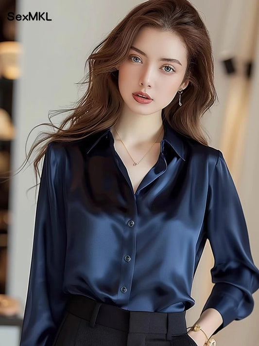 Elegant Silk Office Shirts Women Korean Fashion Y2k Clothes Slim Long Sleeve White Black Blusas Mujer Workwear Tops and Blouses
