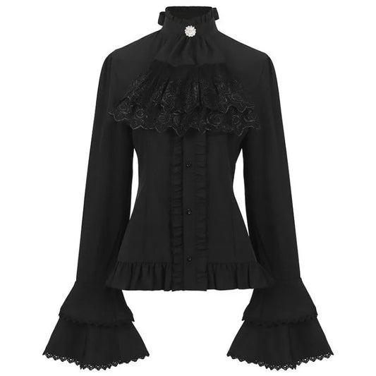 2025 New American Retro Pleated Shirts Women Spring Black Bottoming Blusas De Mujer Slim Fit Flare Sleeve Gothic Blouses