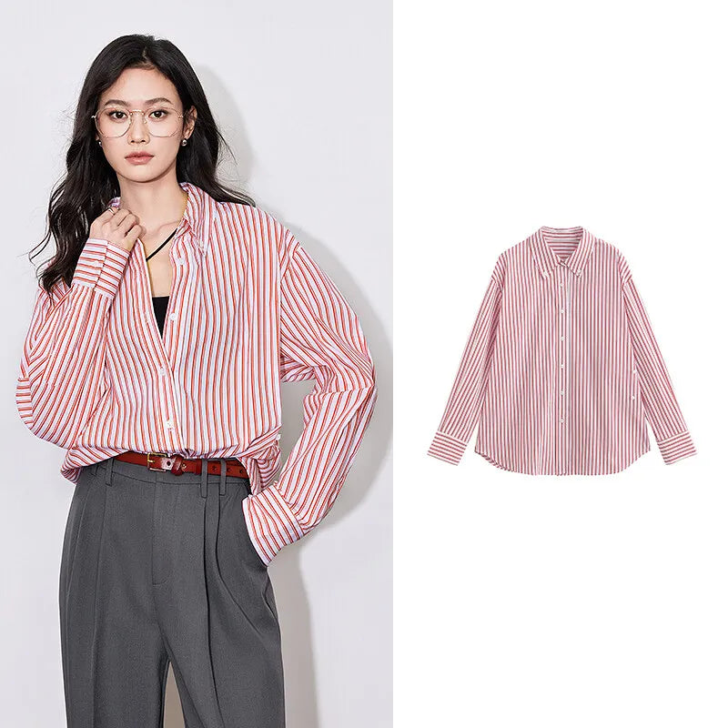 TOYOUTH Women Blouse Shirt 2025 Spring New Lyocell Long Sleeve Striped Cotton Sunscreen OL Shirt Tops