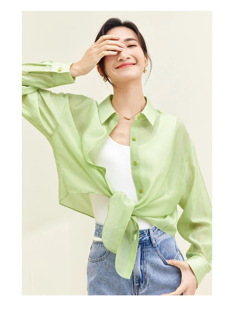 SENTUBILA Sheer Knot Shirts Women 2025 Elegant Casuals Long Drop Sleeve Button Up Shirts & Blouses Female Clothes 132C48674