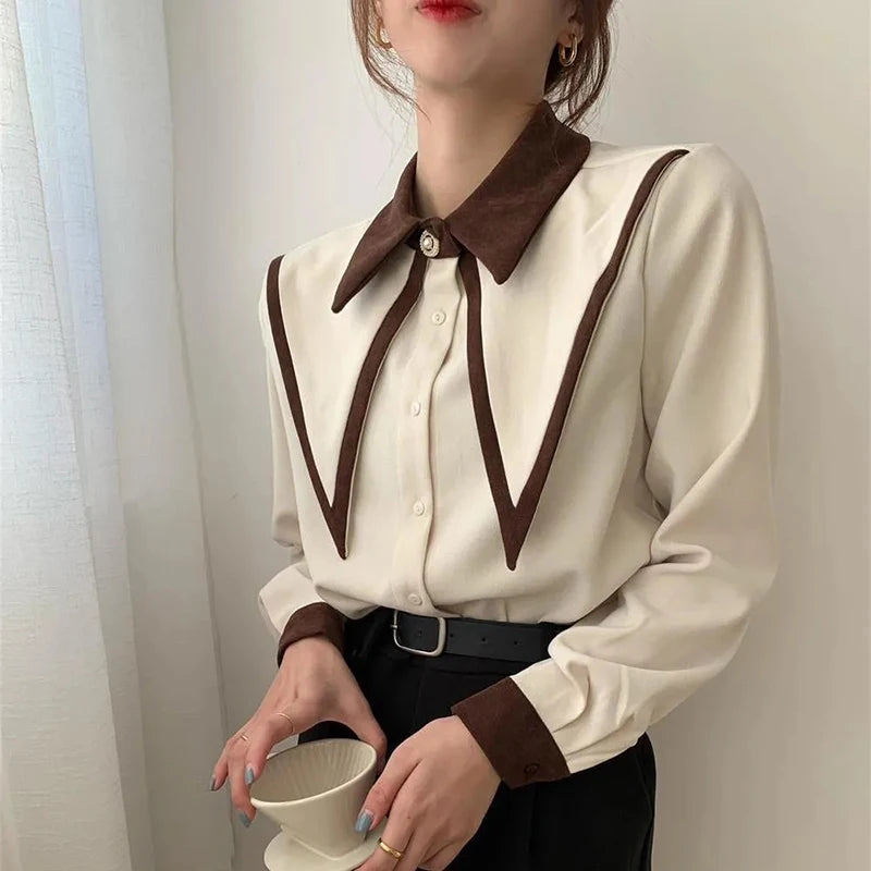MEXZT Vintage Chiffon Shirts Women Elegant Patchwork Long Sleeve Blouses Office Lady Korean Black Turn Down Collar Casual Tops