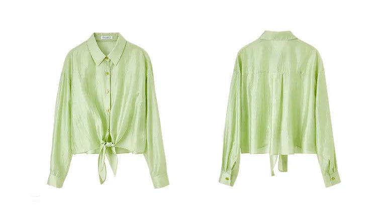 SENTUBILA Sheer Knot Shirts Women 2025 Elegant Casuals Long Drop Sleeve Button Up Shirts & Blouses Female Clothes 132C48674