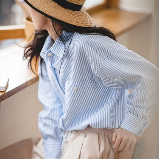 RBB Women's French Classic Striped Shirt – Oversized Long Sleeve Blouse