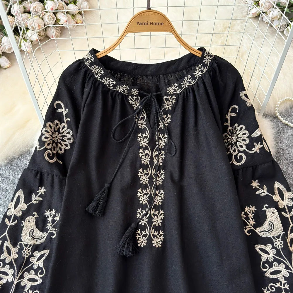RBB Women's Retro Ethnic Embroidered Shirt –  Style Loose Long Sleeve Blouse