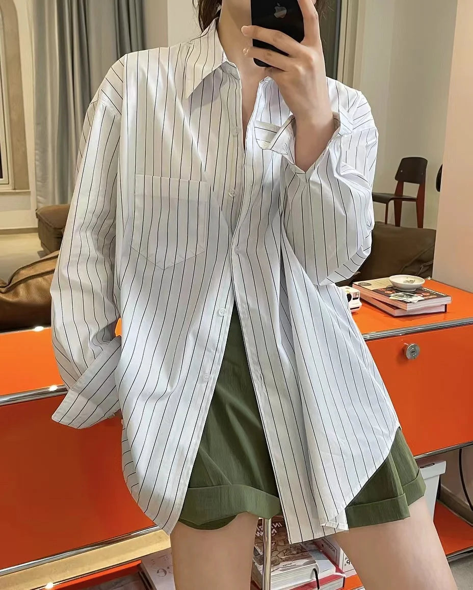 Spring/Summer Women's Striped Polo Neck Long Sleeve Pocket Decoration Loose Shirt