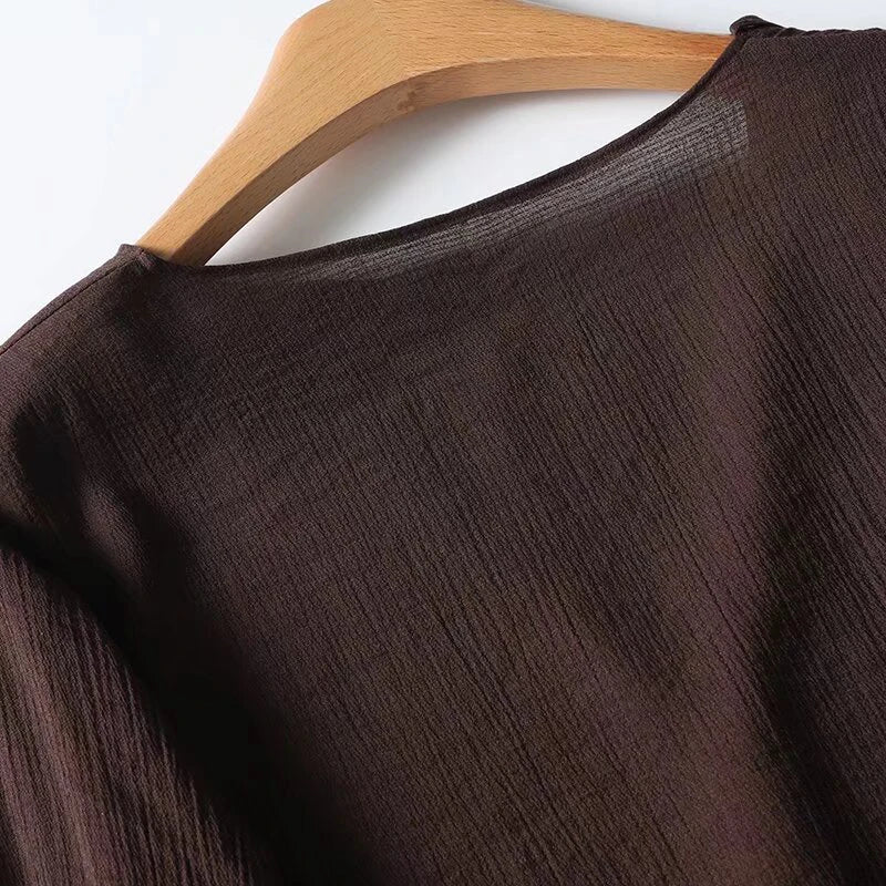 YENKYE Spring 2025 Women Brown Long Sleeve V Neck Ruffle Shirt Office Casual Blouse Blusas Mujer