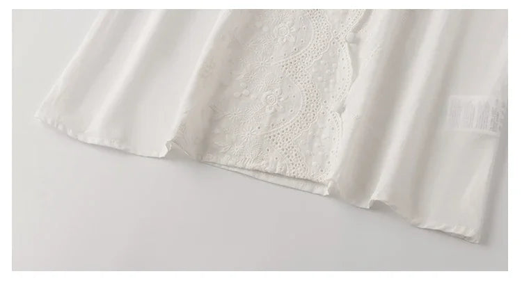 Summer Embroidery Puff Sleeve Linen Cotton Women Blouse Spring Casual White Hollow Out Tops Short Sleeve Shirt