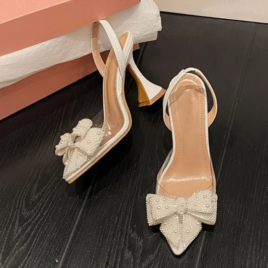 RBB Women's Transparent PVC High Heels with Pearl Bow – Pointed Toe Wedding & Party Pumps