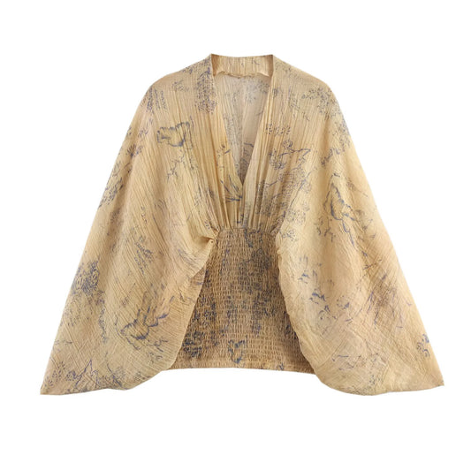 Women's Summer 2025 New European and American Fashion Style V-neck Bat Sleeve Loose Printed Top