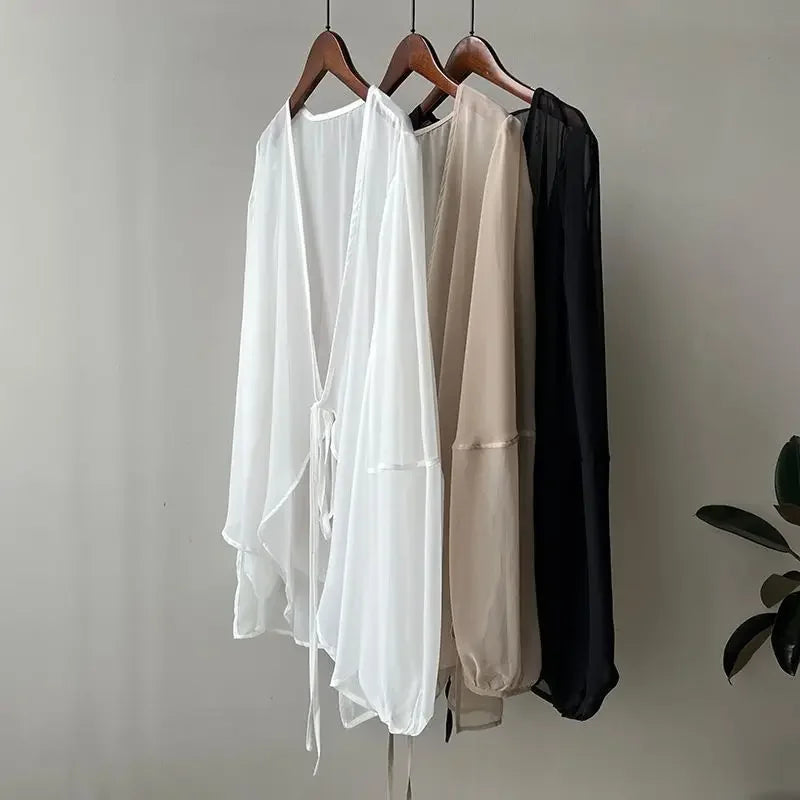 RBB Women's V-Neck Chiffon Shirt – Loose Fit Lace-Up Long Sleeve Summer Blouse