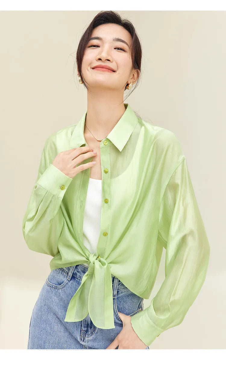 SENTUBILA Sheer Knot Shirts Women 2025 Elegant Casuals Long Drop Sleeve Button Up Shirts & Blouses Female Clothes 132C48674