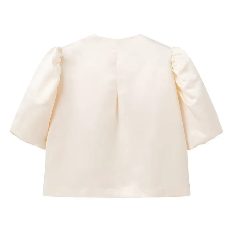 Spring Summer New Women's Fashion Casual Shirt Satin Bubble Sleeves Round Neck Loose Short Top Female Elegant Solid Blouses