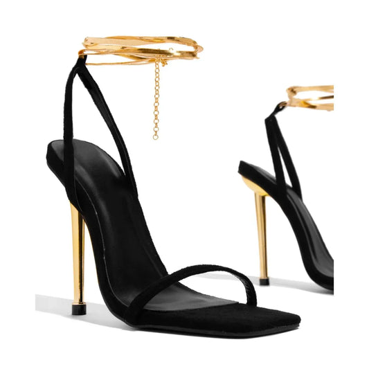 RBB 2024 Women’s Sexy Gold High Heels — Thin Single Strap Metal Stiletto Sandals
