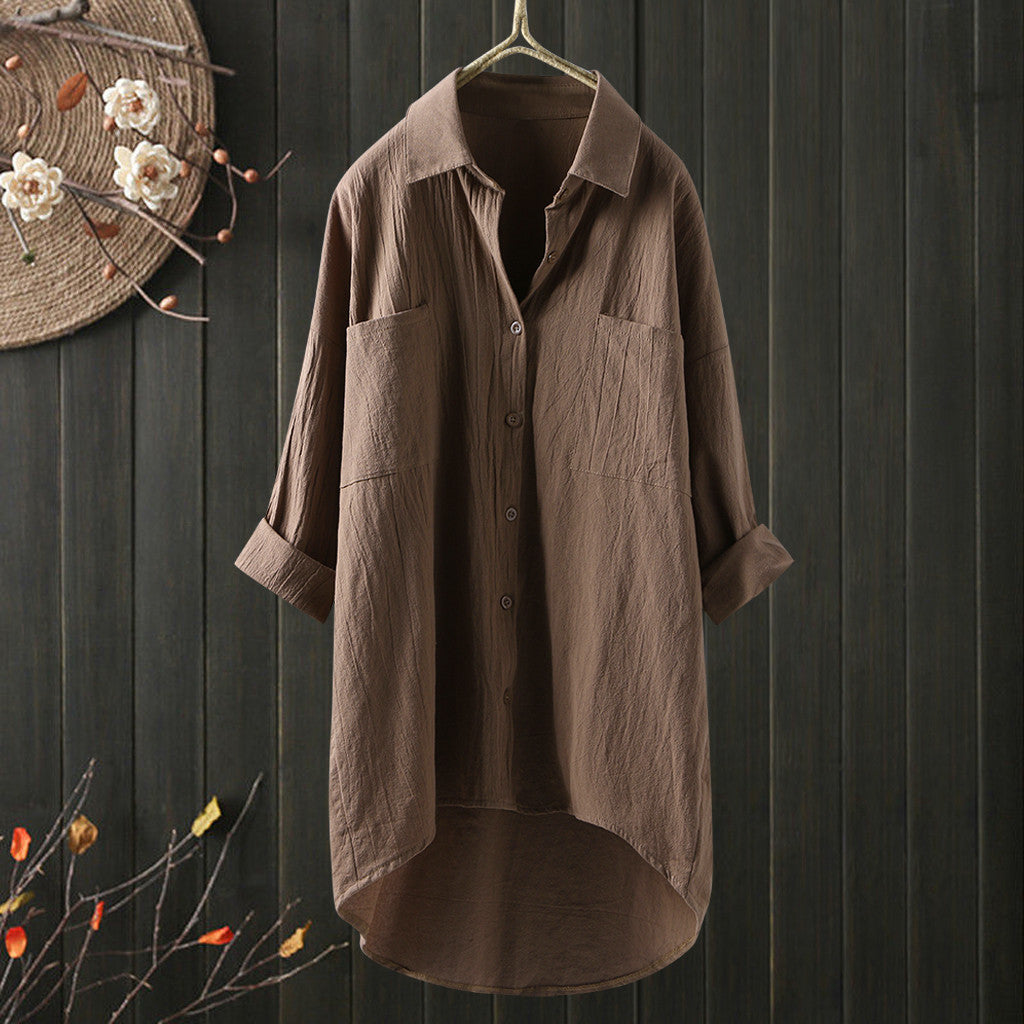 Elegant and Youth Woman Blouses Casual Home Cotton Linen Large Size Single Breasted Commuting Style Long Sleeved Shirt