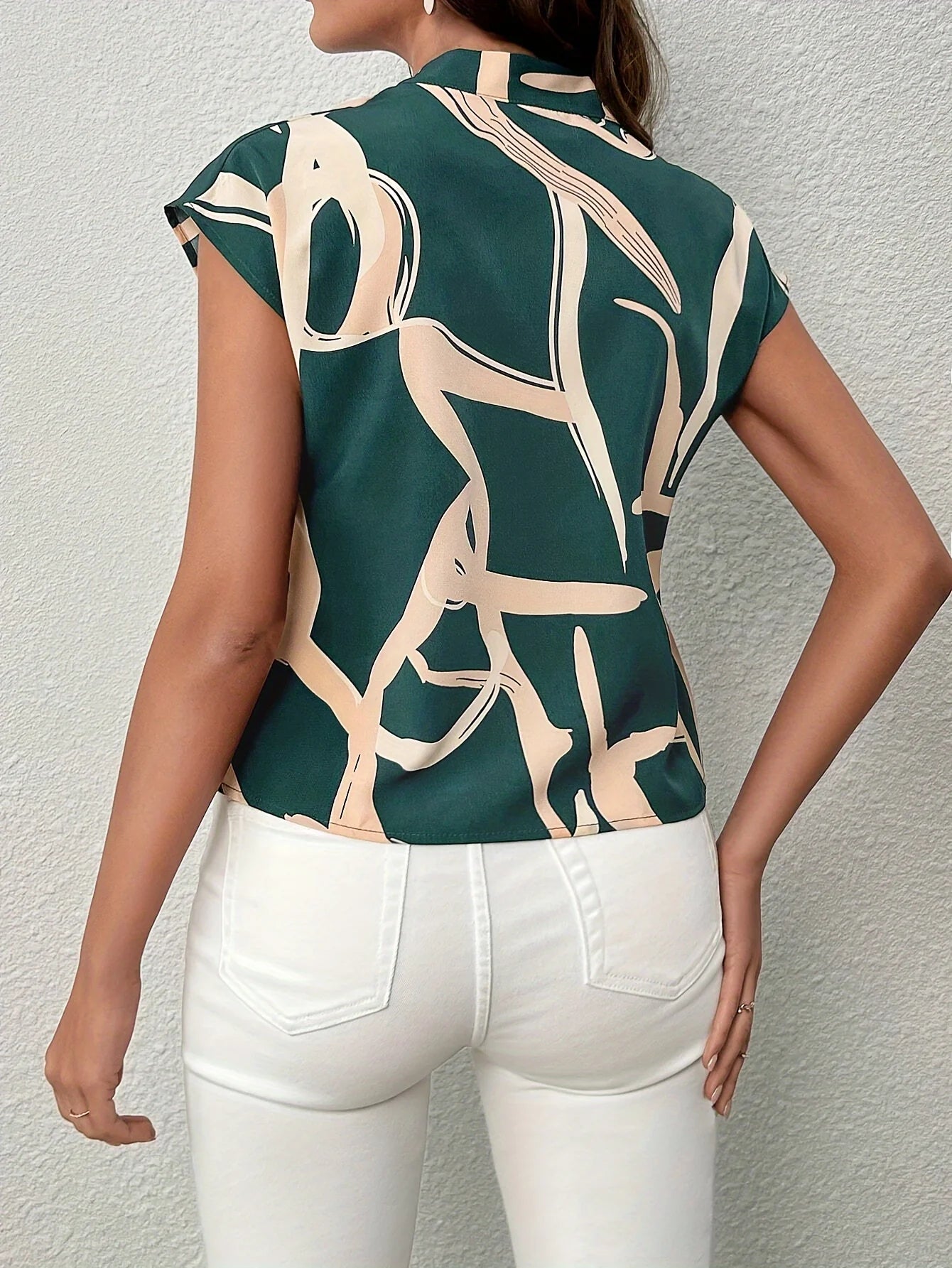 Brush Print Tie Neck Blouse, Elegant Short Sleeve Top For Spring & Summer, Women's Clothing