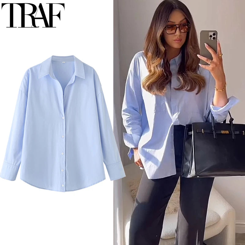 TRAF 2025 Women's Shirt Long Blue Shirt Women Spring Long Sleeve Oversize Shirts Blouses Korean Style Casual Button Up Shirts