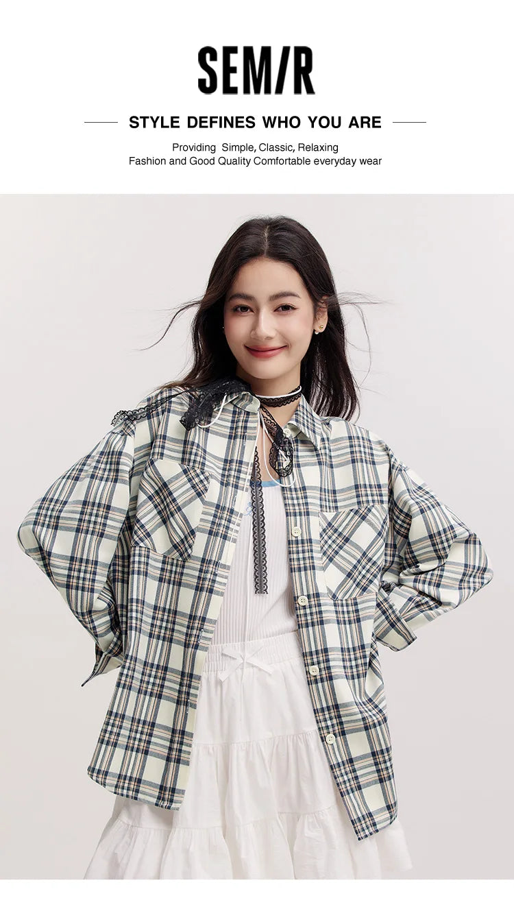 Semir Long Sleeve Shirt Women Mid-long Style Oversize Spring 2025 New Spring Checkered Top Vintage