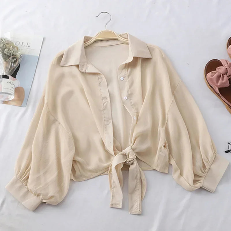 RBB Women's Elegant Hollow Blouse – Tied Waist Chiffon Shirt with Bat Half Sleeves (Summer